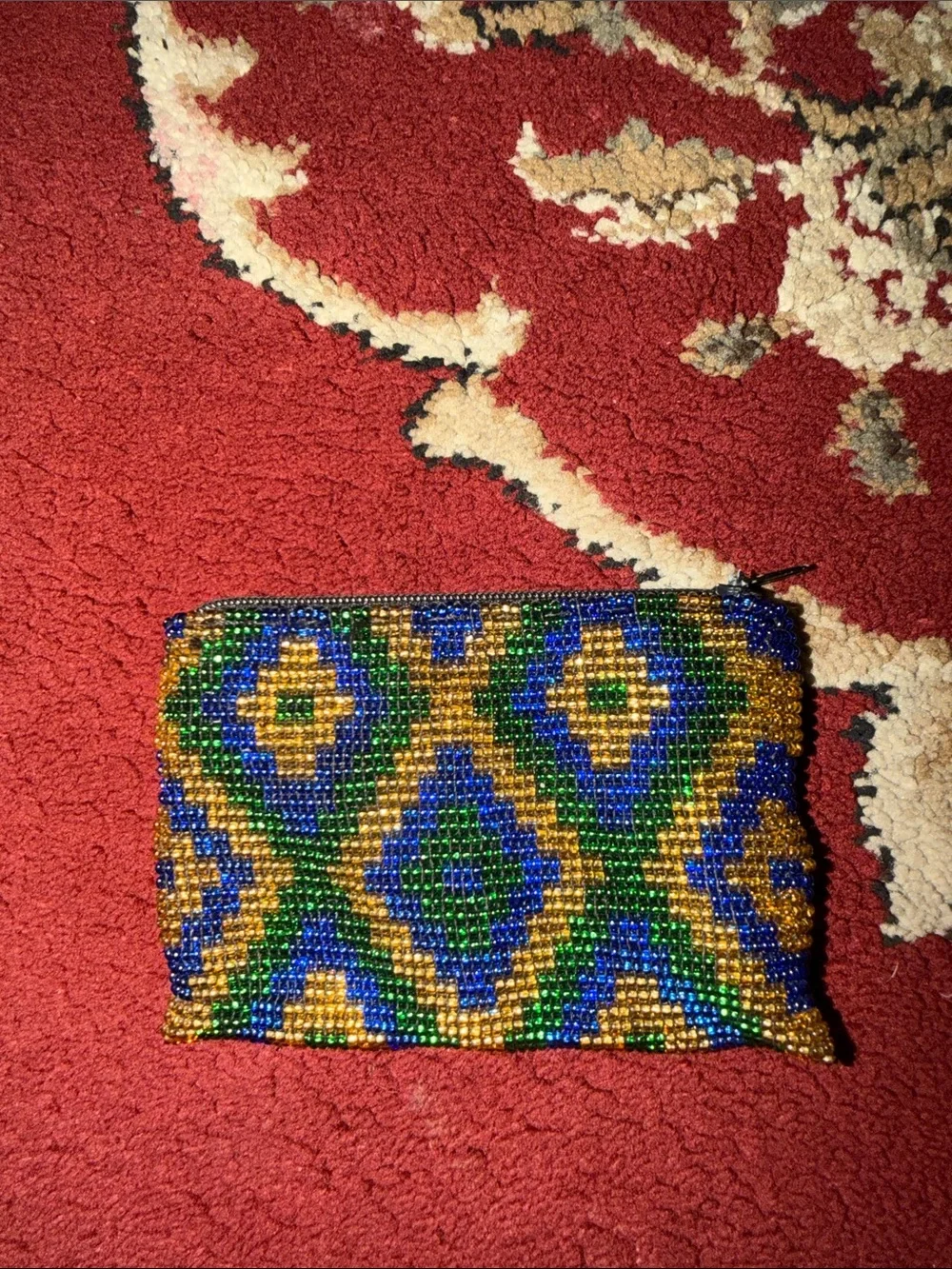 Beaded Diamond Pattern Zip Pouch - Blue/Green/Gold